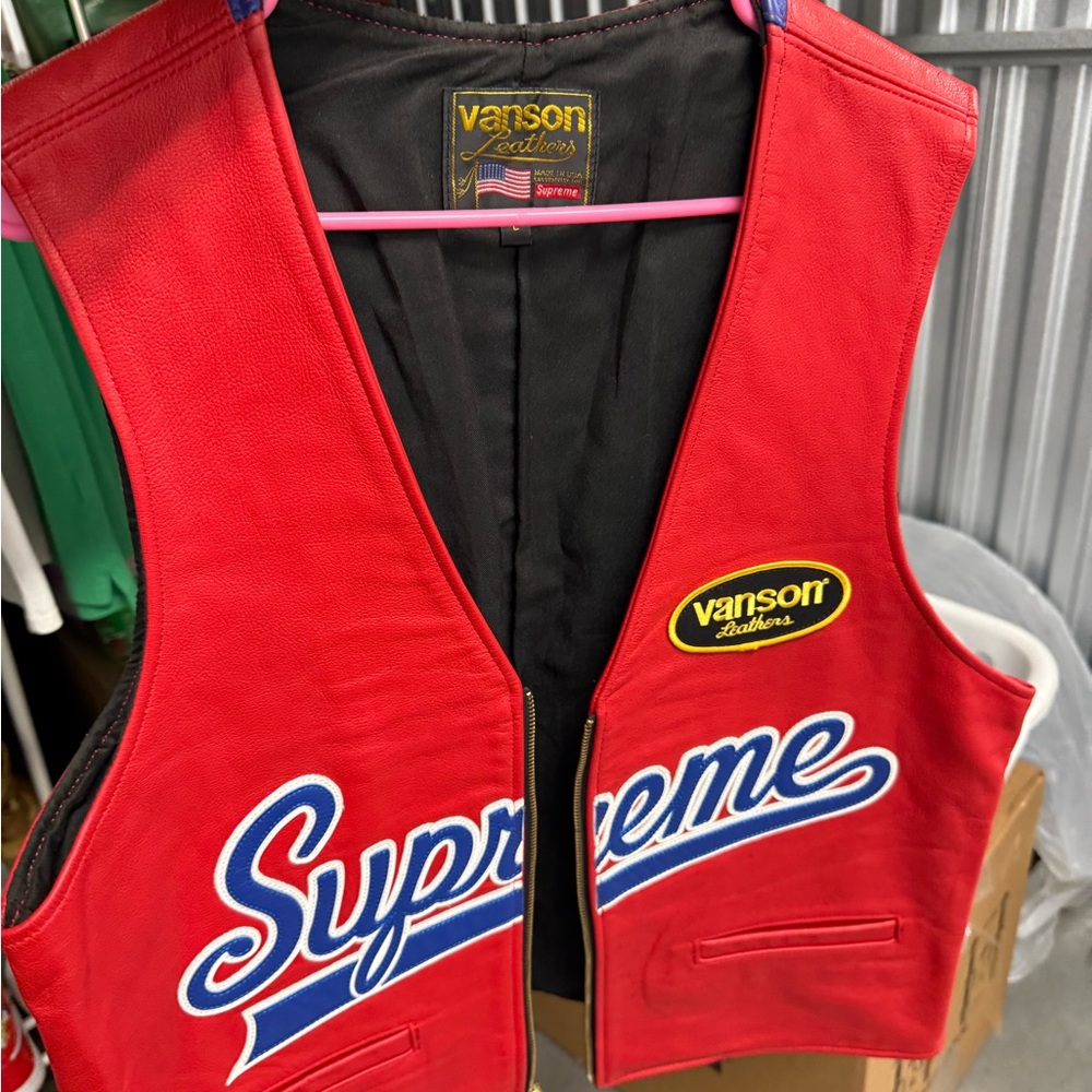 Supreme Vanson Red Leather Vest with Blue Accents